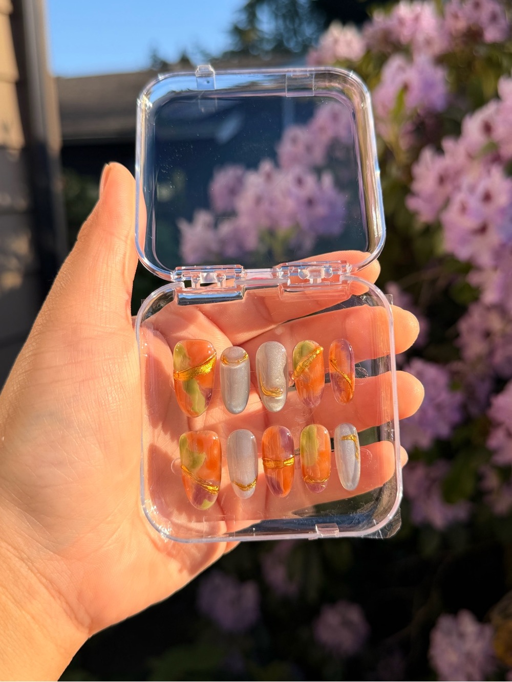 Size S Small Tie Dye Gold Summer Acrylic Press On Handmade Nails Set